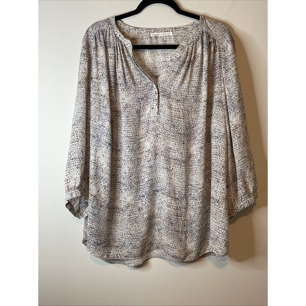 Violet + Claire 2X Beige Blue Print Split Neck Blouse Plus Size Boho